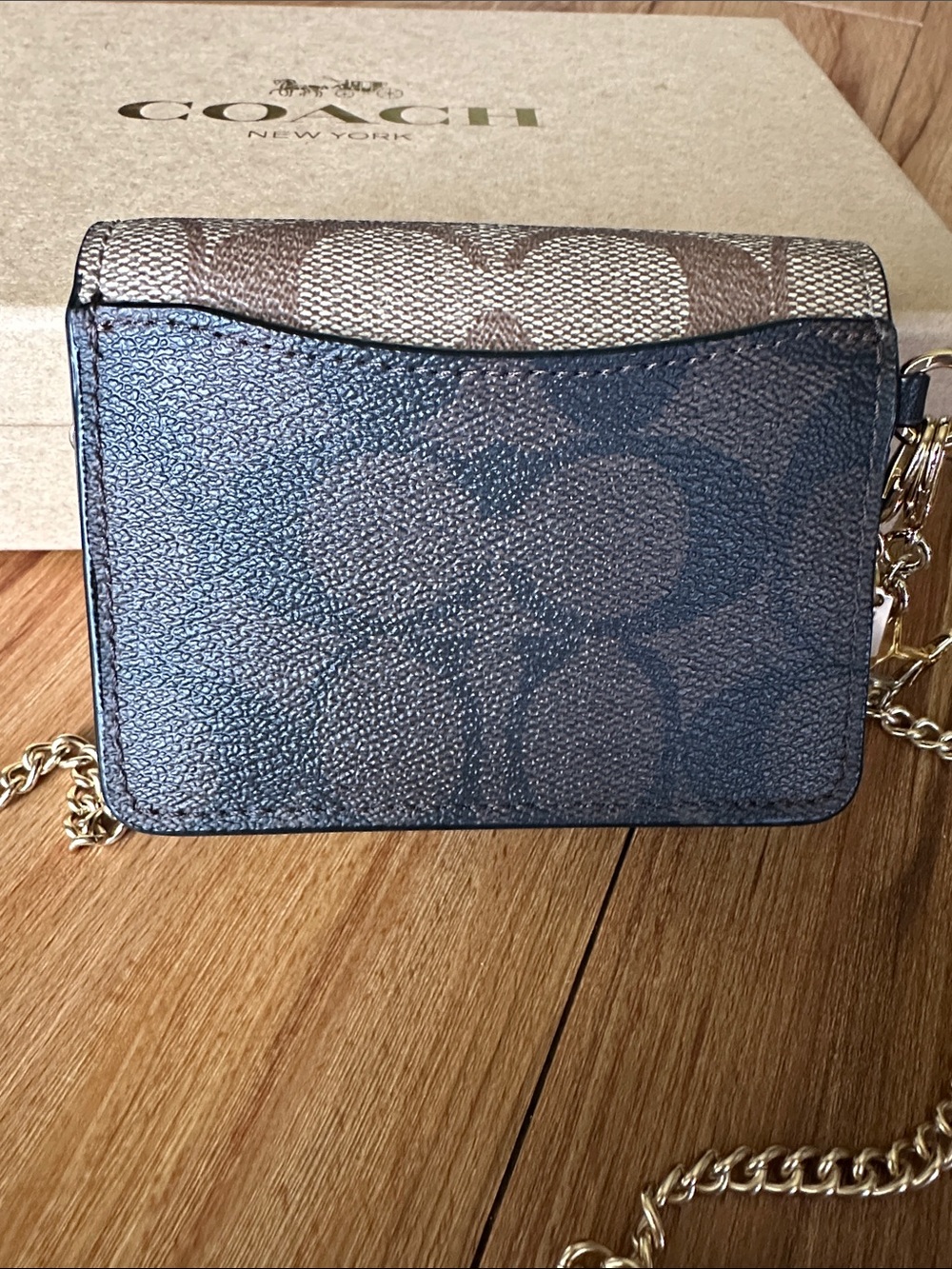 Coach Mini Wallet Card Holder in Brown Signature Canvas on Gold Chain Strap - Picture 3 of 6